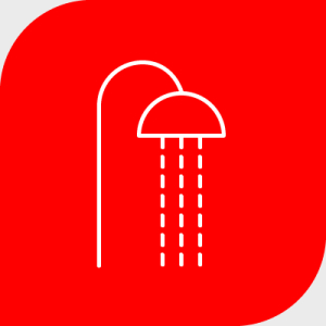 Icon einer Duschbrause in weiß auf rotem Hintergrund