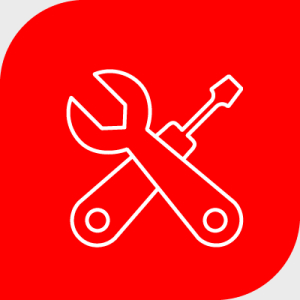 Icon eines Schraubenschlüssels und eines Schraubenziehers, die sich überkreuzen in weiß auf rotem Hintergrund