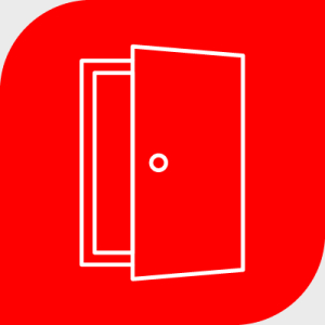 Icon einer geöffneten Türe in weiß auf rotem Hintergrund