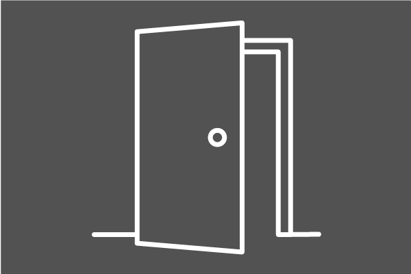 Icon einer geöffneten Tür in Weiß auf grauer Fläche.