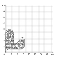 Maßstabgetreuer Profilquerschnitt der Moosgummidichtung MG016 auf Millimeterpapier.