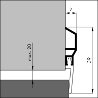 Bemaßte Zeichnung des Dichtungsprofils der Türbodendichtung TB005 aus Aluminium für Türen.