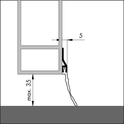 Bemaßte Zeichnung des Dichtungsprofils der Türbodendichtung TB009 aus Aluminium für Türen und Garagen.