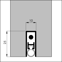 Bemaßte Zeichnung des Dichtungsprofils der automatischen Türbodendichtung TB027 aus Aluminium für Türen aus Holz.