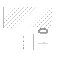 Bemaßter Profilquerschnitt des Einbaus der selbstklebenden Dichtung SK003 in weiß für Holzfenster und Holztüren.