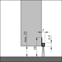 Bemaßte Zeichnung des Dichtungsprofils der Türbodendichtung TB013 aus Aluminium für Türen und Tore.