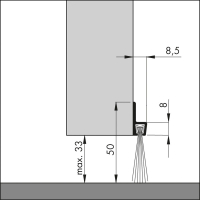 Bemaßte Zeichnung des Dichtungsprofils der Türbodendichtung TB019 aus Aluminium für Türen und Tore.