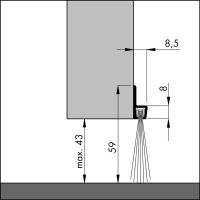 Bemaßte Zeichnung des Dichtungsprofils der Türbodendichtung TB015 aus Aluminium für Türen und Tore.