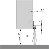 Bemaßte Zeichnung des Dichtungsprofils der Türbodendichtung TB020 aus Aluminium für Türen und Tore.