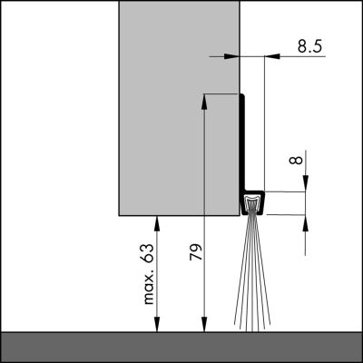 Bemaßte Zeichnung des Dichtungsprofils der Türbodendichtung TB017 aus Aluminium für Türen und Tore.
