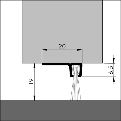 Bemaßte Zeichnung des Dichtungsprofils der Türbodendichtung TB023 aus Aluminium für Türen und Tore.