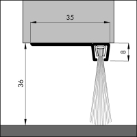 Bemaßte Zeichnung des Dichtungsprofils der Türbodendichtung TB026 aus Aluminium für Türen und Tore.