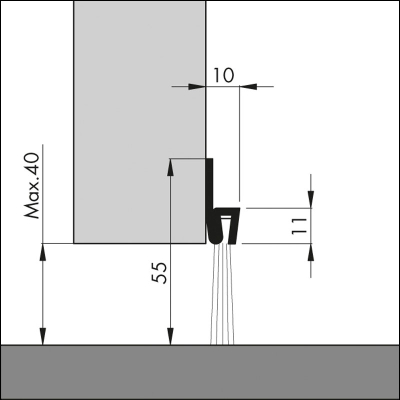 Bemaßte Zeichnung des Dichtungsprofils der Türbodendichtung TB021 aus Stahl für Türen und Tore.