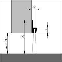 Bemaßte Zeichnung des Dichtungsprofils der Türbodendichtung TB022 aus Stahl für Türen und Tore.