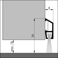 Bemaßte Zeichnung des Dichtungsprofils der Türbodendichtung TB007 aus Aluminium für Türen.