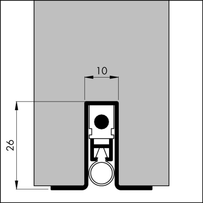 Bemaßte Zeichnung des Dichtungsprofils der automatischen Türbodendichtung TB040 aus Aluminium für Türen aus Holz.