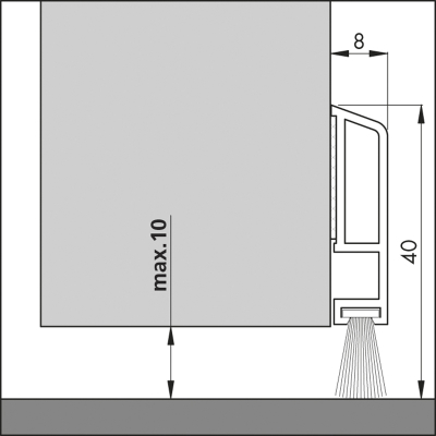 Bemaßte Zeichnung des Dichtungsprofils der Türbodendichtung TB003 aus Kunststoff für Zimmertüren.